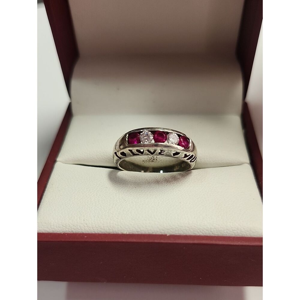 Vintage Sterling Silver 'I Love You' Ring with Ruby and CZ Gemstones 7.5 Womens